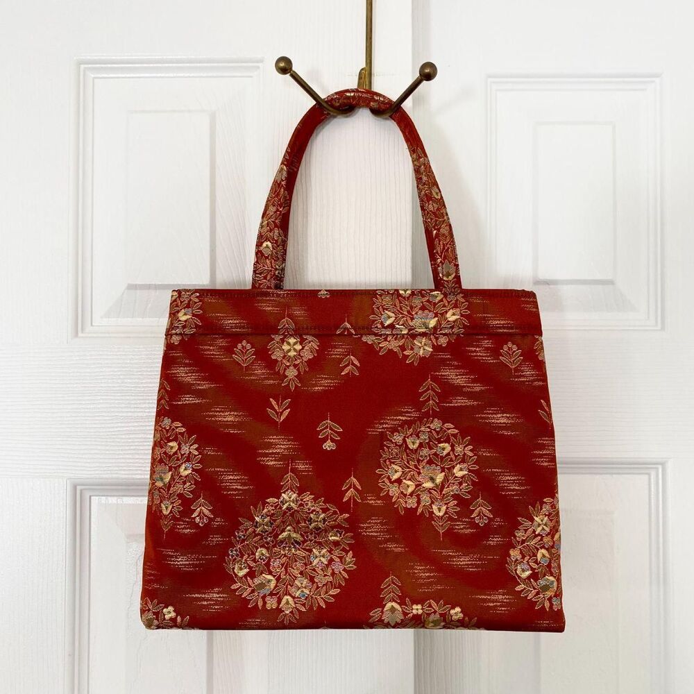 Vintage 90s Asian Boho Retro Orange Gold Top Handle Tapestry Mini Bag